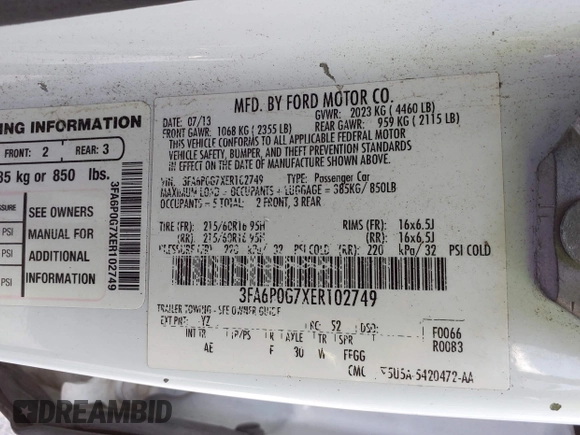 2014 Ford Fusion S with VIN 3FA6P0G7XER102749, listed as a IAAI auction lot 42035294 with 181,153 mi miles. Bid and sale history available at carsss.com. Image 9.
