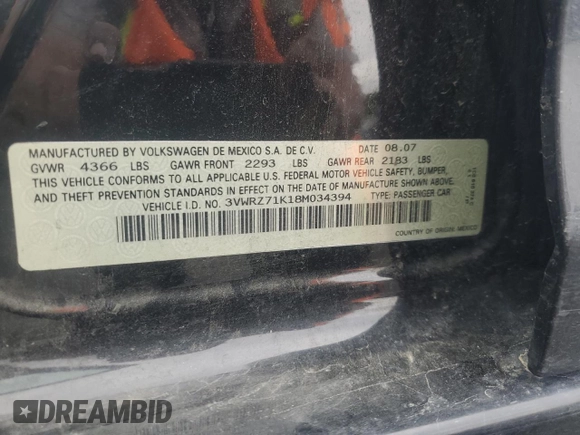 2008 Volkswagen Jetta SE с VIN 3VWRZ71K18M034394, выставлен на аукционе Copart как лот 52731305 с пробегом 150 880 миль миль и Списание • Salvage title. История ставок и продаж доступна на DreamBid. Изображение 12.