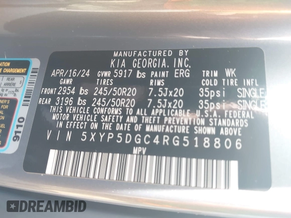 2024 Kia Telluride SX Prestige with VIN 5XYP5DGC4RG518806, listed as a IAAI auction lot 42487267 with 28,083 mi miles and . Bid and sale history available at DreamBid. Image 9.