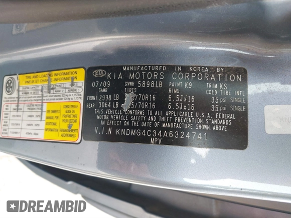 2010 Kia Sedona LX with VIN KNDMG4C34A6324741, listed as a IAAI auction lot 41665347 with 135,904 mi miles. Bid and sale history available at carsss.com. Image 9.