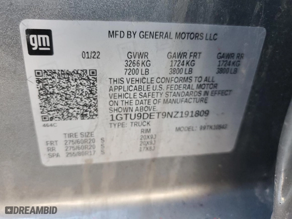 2022 GMC Sierra 1500 Limited SLT with VIN 1GTU9DET9NZ191809, listed as a Copart auction lot 85811624 with 28,776 mi miles and Salvage Title. Bid and sale history available at carsss.com. Image 12.