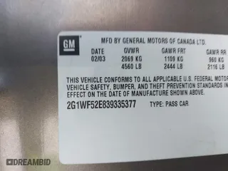 2003 Chevrolet Impala with VIN 2G1WF52E839335377, listed as a IAAI auction lot 41774917 with 189,350 mi miles. Bid and sale history available at carsss.com. Image 9.