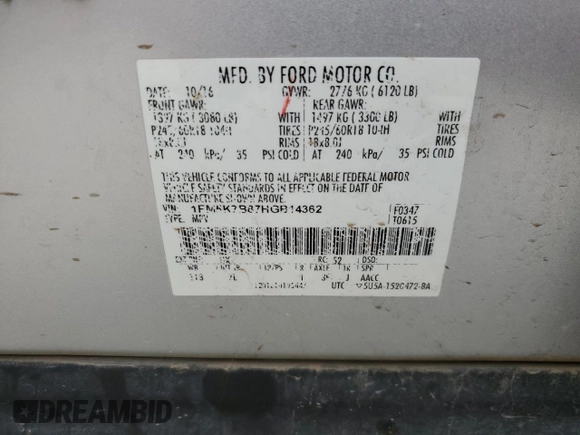 2017 Ford Explorer with VIN 1FM5K7B87HGB14362, listed as a Copart auction lot 55071935 with 216,712 mi miles and Salvage title. Bid and sale history available at DreamBid. Image 13.