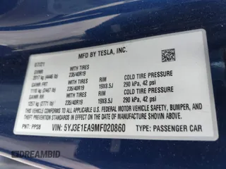2021 Tesla Model 3 Standard Range Plus z VIN 5YJ3E1EA9MF020860, wystawiony jako IAAI lot #42246074 z przebiegiem 52 674 mil mil oraz . Historia ofert i sprzedaży dostępna na DreamBid. Obrazek 9.
