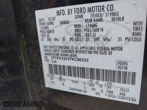 2007 Ford F-150 XL with VIN 1FTPX12V37KC96333, listed as a IAAI auction lot 42320261 with 137,580 mi miles and . Bid and sale history available at DreamBid. Image 9.