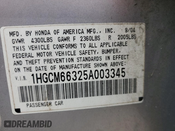 2005 Honda Accord LX with VIN 1HGCM66325A003345, listed as a Copart auction lot 47226895 with 137,276 mi miles and Salvage title. Bid and sale history available at DreamBid. Image 12.