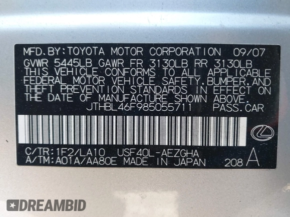 2008 Lexus LS 460 with VIN JTHBL46F985055711, listed as a IAAI auction lot 41771863 with 163,741 mi miles and . Bid and sale history available at DreamBid. Image 9.