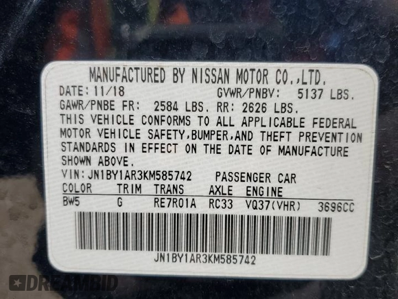 2019 Infiniti Q70 Luxe with VIN JN1BY1AR3KM585742, listed as a Copart auction lot 49002355 with 102,693 mi miles and Salvage Title. Bid and sale history available at DreamBid. Image 12.