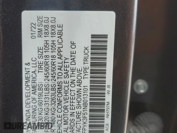 2022 Honda Ridgeline RTL z VIN 5FPYK3F51NB013101, wystawiony jako Copart lot #56360865 z przebiegiem 14 945 mil mil oraz Szkoda całkowita • Salvage title. Historia ofert i sprzedaży dostępna na DreamBid. Obrazek 13.