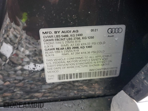 2021 Audi Q5 Prestige with VIN WA1CAAFY9M2100776, listed as a Copart auction lot 51891755 with 28,305 mi miles and Salvage Title. Bid and sale history available at carsss.com. Image 14.