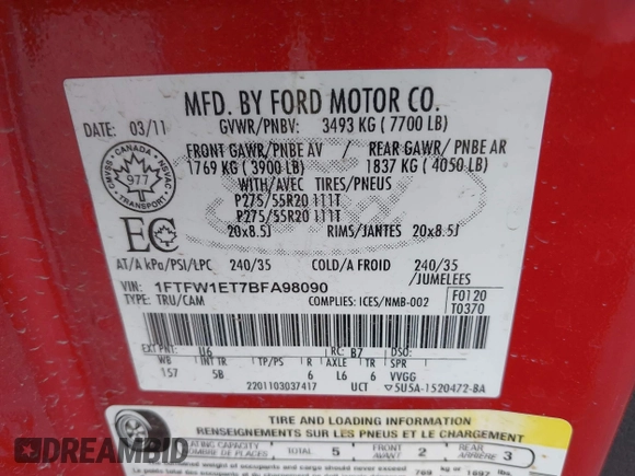 2011 Ford F-150 XLT with VIN 1FTFW1ET7BFA98090, listed as a IAAI auction lot 42435950 with 186,932 mi miles and . Bid and sale history available at DreamBid. Image 9.