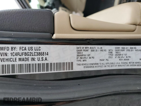 2020 Jeep Grand Cherokee Limited z VIN 1C4RJFBG2LC386814, wystawiony jako Copart lot #55986615 z przebiegiem 58 967 mil mil oraz Szkoda całkowita • Salvage title. Historia ofert i sprzedaży dostępna na DreamBid. Obrazek 13.