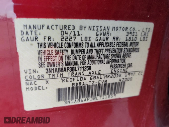 2011 Nissan Sentra S with VIN 3N1AB6AP3BL711259, listed as a Copart auction lot 87972945 with 107,950 mi miles and Clean Title. Bid and sale history available at DreamBid. Image 12.