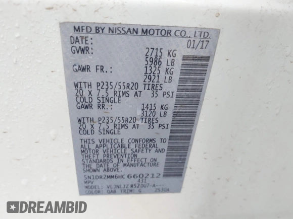 2017 Nissan Pathfinder S with VIN 5N1DR2MM6HC660212, listed as a IAAI auction lot 41905628 with 123,669 mi miles and . Bid and sale history available at DreamBid. Image 9.