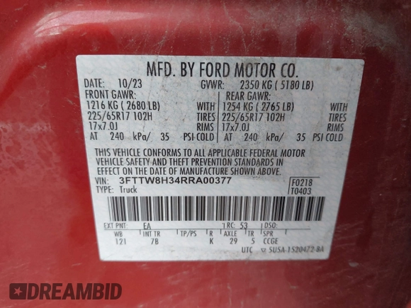 2024 Ford Maverick XLT с VIN 3FTTW8H34RRA00377, выставлен на аукционе IAAI как лот 42543174 с пробегом 5 443 миль миль и . История ставок и продаж доступна на DreamBid. Изображение 9.