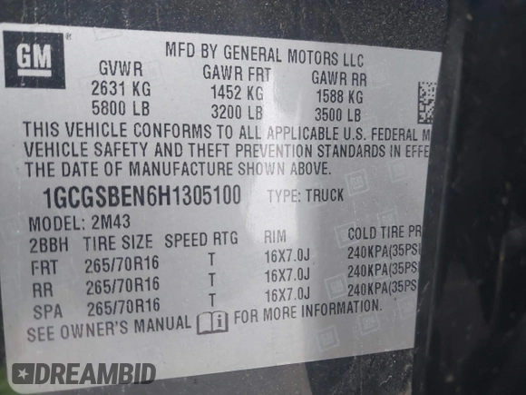 2017 Chevrolet Colorado 2WD WT with VIN 1GCGSBEN6H1305100, listed as a IAAI auction lot 41738071 with 83,280 mi miles and . Bid and sale history available at DreamBid. Image 9.