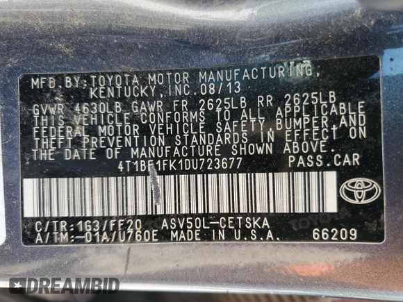 2013 Toyota Camry L with VIN 4T1BF1FK1DU723677, listed as a Copart auction lot 52032895 with 204,306 mi miles and Salvage Title. Bid and sale history available at carsss.com. Image 12.