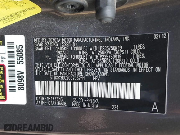 2012 Toyota Sienna SE with VIN 5TDXK3DC2CS235211, listed as a IAAI auction lot 42390354 with 242,602 mi miles and . Bid and sale history available at DreamBid. Image 9.