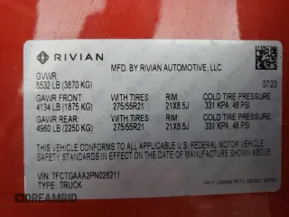 2023 Rivian R1T Adventure with VIN 7FCTGAAA2PN026211, listed as a Copart auction lot 77705414 with Not Provided miles and Salvage Title. Bid and sale history available at DreamBid. Image 13.