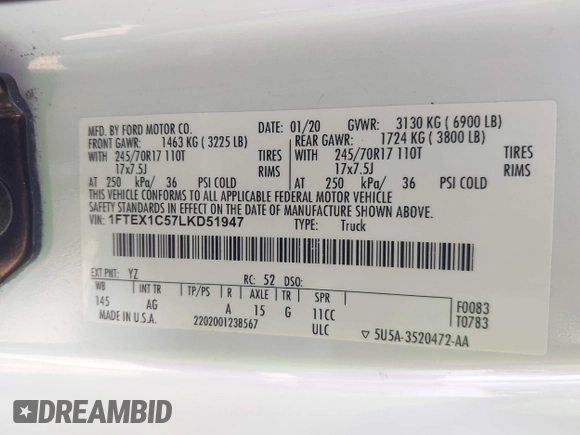 2020 Ford F-150 XL with VIN 1FTEX1C57LKD51947, listed as a IAAI auction lot 41500161 with 91,018 mi miles and . Bid and sale history available at DreamBid. Image 9.