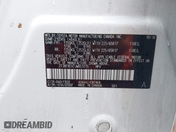 2018 Toyota RAV4 LE with VIN 2T3BFREV7JW851015, listed as a IAAI auction lot 42354042 with 94,603 mi miles and . Bid and sale history available at DreamBid. Image 9.
