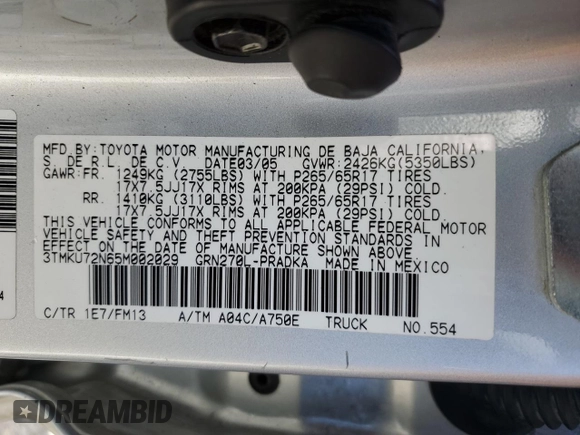2005 Toyota Tacoma PreRunner with VIN 3TMKU72N65M002029, listed as a Copart auction lot 50194495 with 137,839 mi miles and Salvage Title. Bid and sale history available at carsss.com. Image 12.