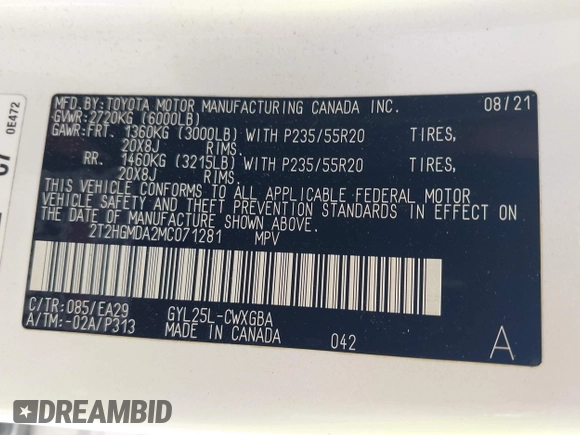 2021 Lexus RX 450h with VIN 2T2HGMDA2MC071281, listed as a IAAI auction lot 42587770 with 88,009 mi miles and . Bid and sale history available at DreamBid. Image 9.