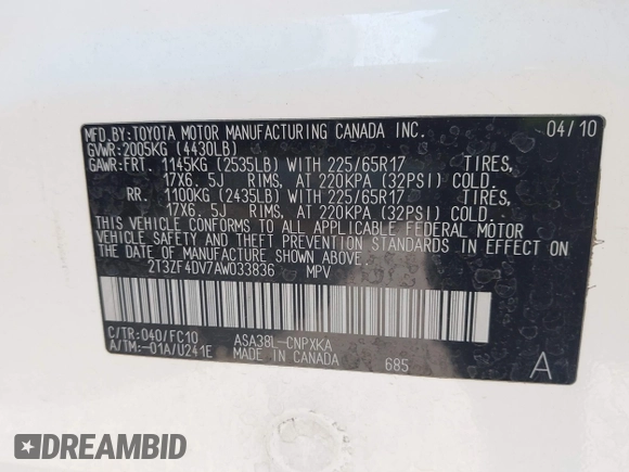 2010 Toyota RAV4 with VIN 2T3ZF4DV7AW033836, listed as a IAAI auction lot 42558821 with 161,264 mi miles and . Bid and sale history available at DreamBid. Image 9.