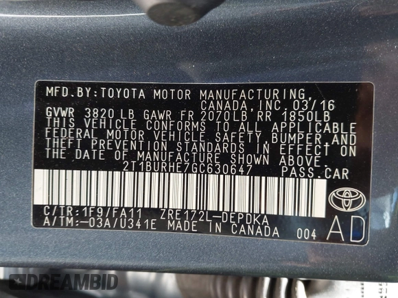 2016 Toyota Corolla L with VIN 2T1BURHE7GC630647, listed as a IAAI auction lot 42483823 with 57,138 mi miles and . Bid and sale history available at DreamBid. Image 9.