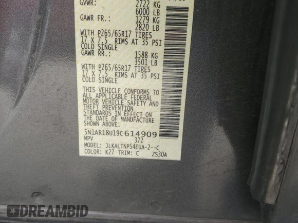2009 Nissan Pathfinder LE with VIN 5N1AR18U19C614909, listed as a Copart auction lot 79513184 with 93,334 mi miles and Salvage Title. Bid and sale history available at carsss.com. Image 13.
