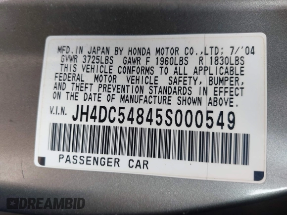 2005 Acura RSX with VIN JH4DC54845S000549, listed as a IAAI auction lot 42552250 with 215,168 mi miles and . Bid and sale history available at DreamBid. Image 9.