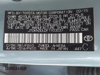 2015 Toyota Prius Four with VIN JTDKN3DU2F1933037, listed as a IAAI auction lot 42140908 with 85,032 mi miles. Bid and sale history available at carsss.com. Image 9.