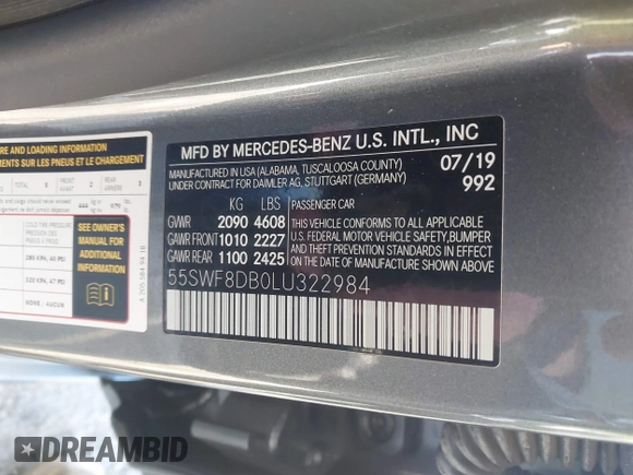 2020 Mercedes-Benz C 300 with VIN 55SWF8DB0LU322984, listed as a IAAI auction lot 40744235 with 41,191 mi miles and . Bid and sale history available at carsss.com. Image 9.