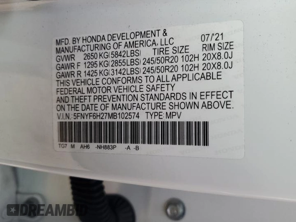 2021 Honda Pilot Special Edition with VIN 5FNYF6H27MB102574, listed as a Copart auction lot 71641744 with 34,772 mi miles and Salvage Title. Bid and sale history available at DreamBid. Image 14.