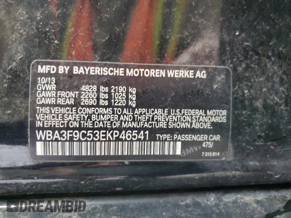 2014 BMW 3 Series ActiveHybrid 3 with VIN WBA3F9C53EKP46541, listed as a Copart auction lot 52713945 with 127,890 mi miles and Clean Title. Bid and sale history available at carsss.com. Image 13.