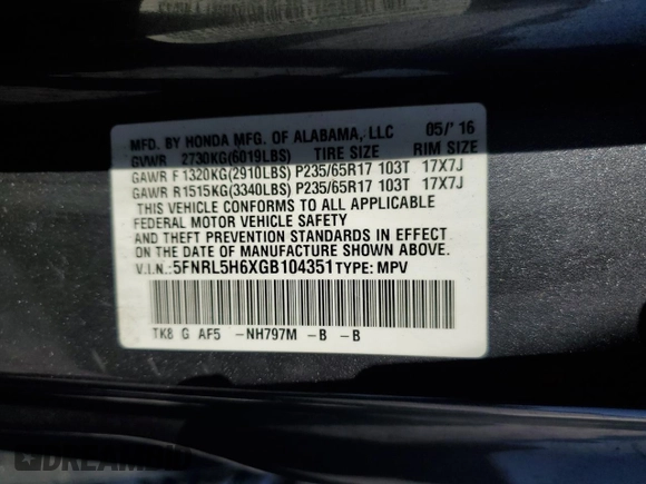 2016 Honda Odyssey EX-L with VIN 5FNRL5H6XGB104351, listed as a Copart auction lot 52507935 with 154,718 mi miles and Salvage Title. Bid and sale history available at DreamBid. Image 15.