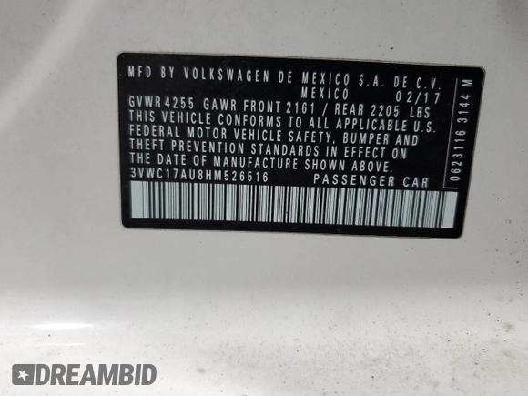 2017 Volkswagen Golf S z VIN 3VWC17AU8HM526516, wystawiony jako Copart lot #41868185 z przebiegiem 79 197 mil mil oraz Szkoda całkowita • Salvage title. Historia ofert i sprzedaży dostępna na DreamBid. Obrazek 12.