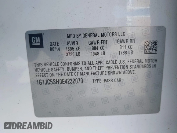 2014 Chevrolet Sonic LT with VIN 1G1JC5SH0E4232070, listed as a IAAI auction lot 41970353 with 140,557 mi miles and . Bid and sale history available at DreamBid. Image 9.