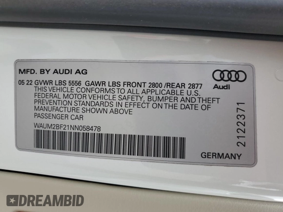 2022 Audi A6 Prestige with VIN WAUM2BF21NN058478, listed as a Copart auction lot 71114514 with 33,019 mi miles and Salvage Title. Bid and sale history available at carsss.com. Image 12.