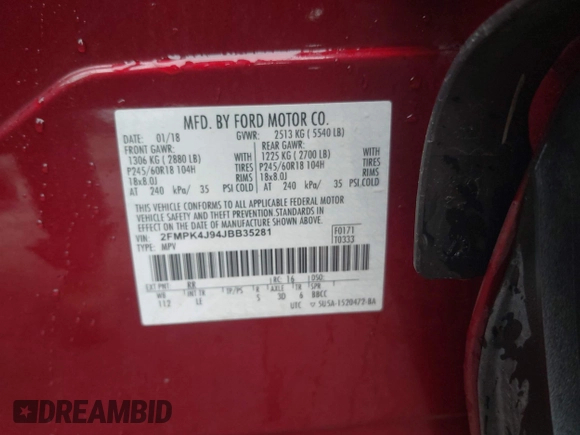 2018 Ford Edge SEL with VIN 2FMPK4J94JBB35281, listed as a IAAI auction lot 42179209 with 85,197 mi miles. Bid and sale history available at carsss.com. Image 9.