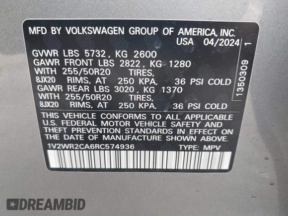 2024 Volkswagen Atlas SE with VIN 1V2WR2CA6RC574936, listed as a IAAI auction lot 42257308 with 23,370 mi miles and . Bid and sale history available at DreamBid. Image 9.