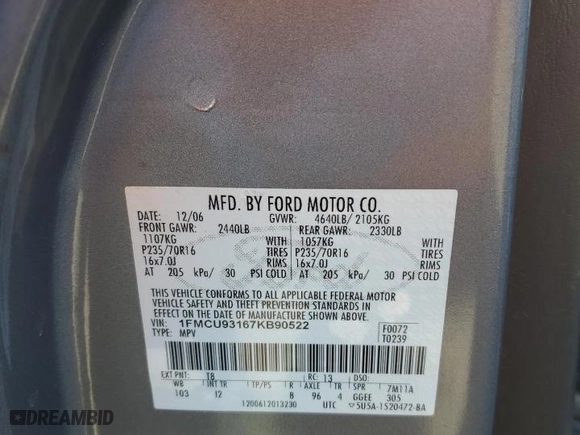 2007 Ford Escape XLT with VIN 1FMCU93167KB90522, listed as a Copart auction lot 43903705 with 80,750 mi miles and Salvage Title. Bid and sale history available at carsss.com. Image 12.