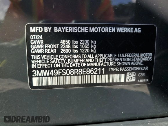 2024 BMW 3 Series M340i with VIN 3MW49FS08R8E86211, listed as a Copart auction lot 71483224 with 860 mi miles and Salvage Title. Bid and sale history available at carsss.com. Image 12.