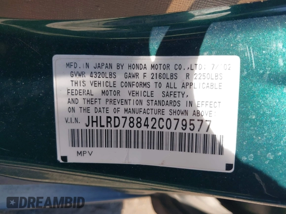 2002 Honda CR-V EX с VIN JHLRD78842C079577, выставлен на аукционе IAAI как лот 42554933 с пробегом 179 580 миль миль и . История ставок и продаж доступна на DreamBid. Изображение 9.