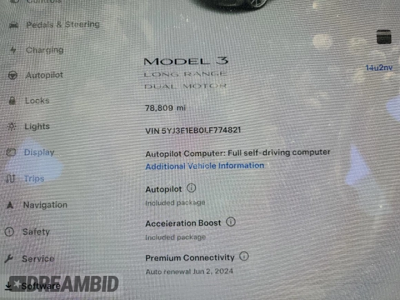 2020 Tesla Model 3 Long Range z VIN 5YJ3E1EB0LF774821, wystawiony jako Copart lot #53942934 z przebiegiem 78 809 mil mil oraz Szkoda całkowita • Salvage title. Historia ofert i sprzedaży dostępna na DreamBid. Obrazek 9.