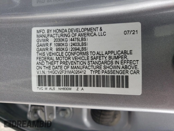 2021 Honda Accord Sport z VIN 1HGCV2F31MA026412, wystawiony jako Copart lot #54490965 z przebiegiem 51 658 mil mil oraz Szkoda całkowita • Salvage title. Historia ofert i sprzedaży dostępna na DreamBid. Obrazek 12.
