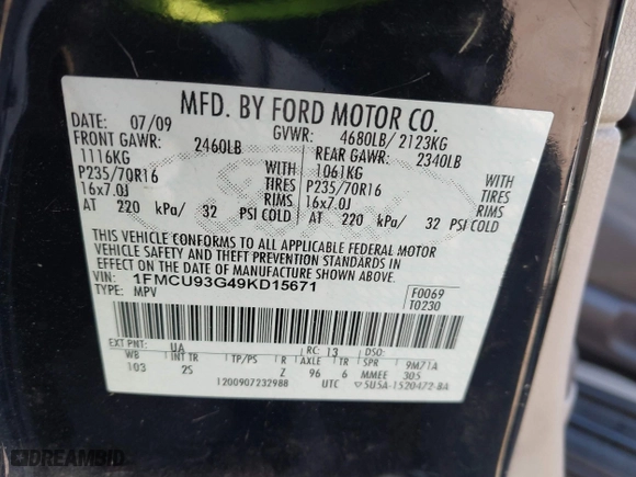 2009 Ford Escape XLT with VIN 1FMCU93G49KD15671, listed as a IAAI auction lot 41751527 with 208,697 mi miles. Bid and sale history available at carsss.com. Image 9.