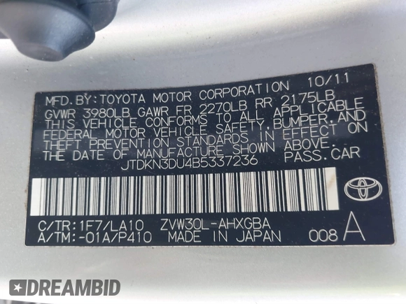 2011 Toyota Prius I with VIN JTDKN3DU4B5337236, listed as a IAAI auction lot 41593875 with Not Provided miles and . Bid and sale history available at DreamBid. Image 9.