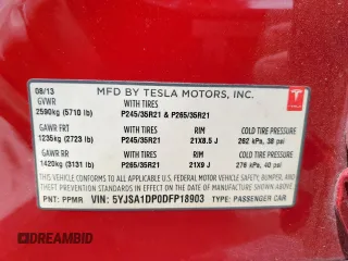 2013 Tesla Model S Performance с VIN 5YJSA1DP0DFP18903, выставлен на аукционе Copart как лот 57621765 с пробегом 120 002 миль миль и Списание • Salvage title. История ставок и продаж доступна на DreamBid. Изображение 13.