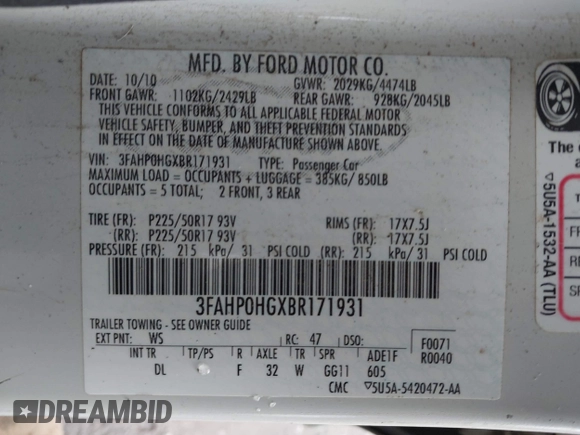 2011 Ford Fusion SE with VIN 3FAHP0HGXBR171931, listed as a IAAI auction lot 41891621 with 183,766 mi miles. Bid and sale history available at carsss.com. Image 9.